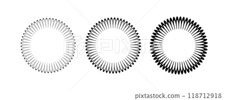 Circle scalloped frame. Scalloped edge round shape border. Simple label and sticker form. Flower silhouette lace frame. Vector illustration isolated on white background 118712918