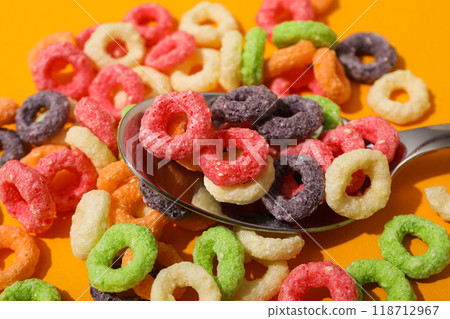 Colorful cornflakes, concept of tasty breakfast, morning food Colorful cornflakes, concept of tasty breakfast, morning food 118712967
