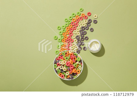 Colorful cornflakes, concept of tasty breakfast, morning food 118712979