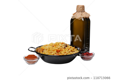 PNG, plate with pilaf and ingredients, isolated on white background. PNG, plate with pilaf and ingredients, isolated on white background. 118713066