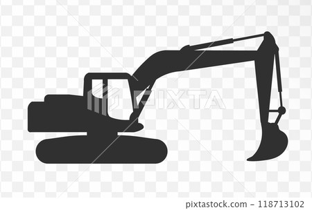 Silhouette of excavator icon symbol. Simple excavator machine sign. Land construction company logo. Vector illustration image. 118713102