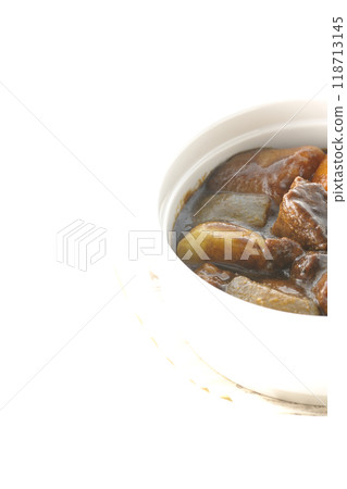 Beef stew with chunky vegetables photographed on white background Beef stew with chunky vegetables photographed on white background 118713145