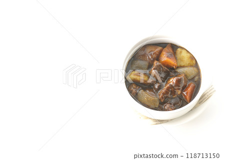 Beef stew with chunky vegetables photographed on white background Beef stew with chunky vegetables photographed on white background 118713150