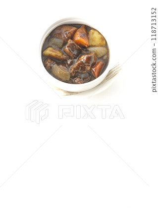 Beef stew with chunky vegetables photographed on white background Beef stew with chunky vegetables photographed on white background 118713152