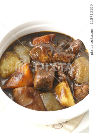 Beef stew with chunky vegetables photographed on white background Beef stew with chunky vegetables photographed on white background 118713199
