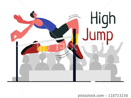 Vector Illustration of a Male Athlete Performing a High Jump, Combining Speed and Technique to Soar Over the Bar in a Flat Style Cartoon Background 118713238