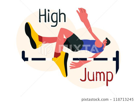 Vector Illustration of a Male Athlete Performing a High Jump, Combining Speed and Technique to Soar Over the Bar in a Flat Style Cartoon Background 118713245