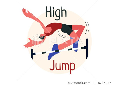 Vector Illustration of a Male Athlete Performing a High Jump, Combining Speed and Technique to Soar Over the Bar in a Flat Style Cartoon Background 118713246