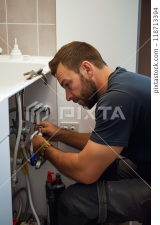 Home handyman doing bathroom repair .  Plumber repairing a sink in the bathroom. professional  118713394