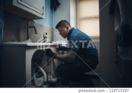 Home handyman doing bathroom repair .  Plumber repairing a sink in the bathroom. professional  118713397