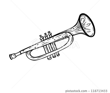Trumpet classic musical instrument black white graphic vector illustration isolated. Horn wind instrument hand drawn ink sketch in line art for design wrapping, Beer festival, brochure, book. Trumpet classic musical instrument black white graphic vector illustration isolated. Horn wind instrument hand drawn ink sketch in line art for design wrapping, Beer festival, brochure, book. 118713433