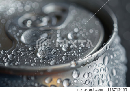 Aluminum jar in drops of water. An iron can with lemonade in drops of water 118713465