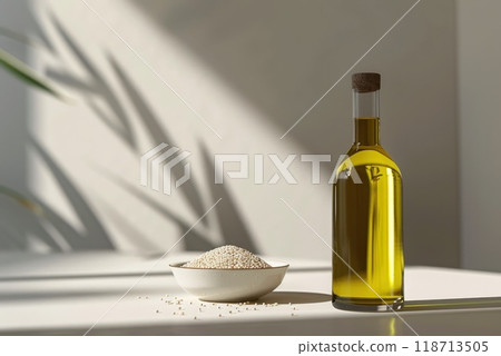 Sesame oil in a bottle and sesame seeds in a plate on the table Sesame oil in a bottle and sesame seeds in a plate on the table 118713505