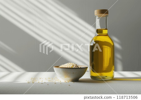 Sesame oil in a bottle and sesame seeds in a plate on the table Sesame oil in a bottle and sesame seeds in a plate on the table 118713506