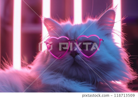 Portrait of a fluffy cat with heart-shaped glasses in neon light. Cute pet for Valentine's Day 118713509