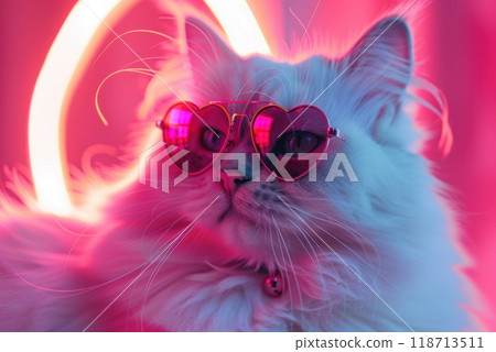 Portrait of a fluffy cat with heart-shaped glasses in neon light. Cute pet for Valentine's Day Portrait of a fluffy cat with heart-shaped glasses in neon light. Cute pet for Valentine's Day 118713511
