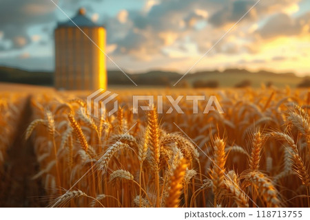 Ears of rye in a field at sunset . Rye field at sunset 118713755