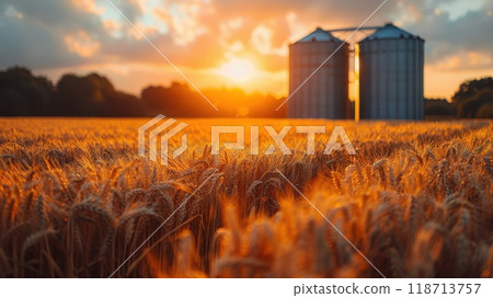 Ears of rye in a field at sunset. Rye field and elevator at sunset 118713757