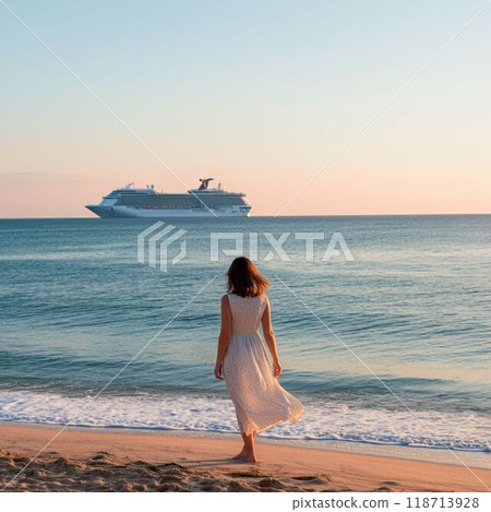 日落時漂浮在海中的長髮女人 118713928
