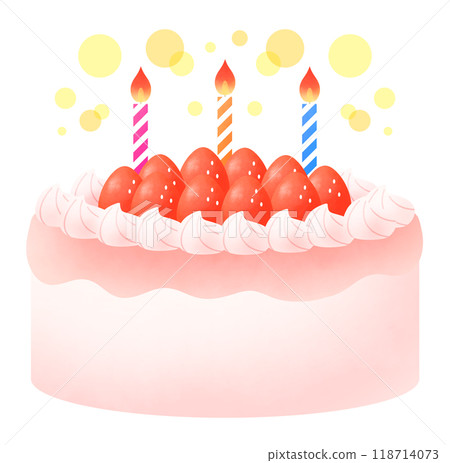 An illustration of a pink strawberry birthday cake with three burning candles 118714073