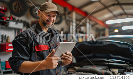 Auto mechanic in protective suit is smiling and holding in his hands a digital tablet while servicing a car in an automotive workshop. 118714105
