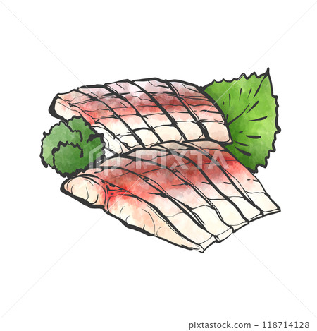 Hand-drawn brush-style illustration of horse mackerel sashimi Hand-drawn brush-style illustration of horse mackerel sashimi 118714128