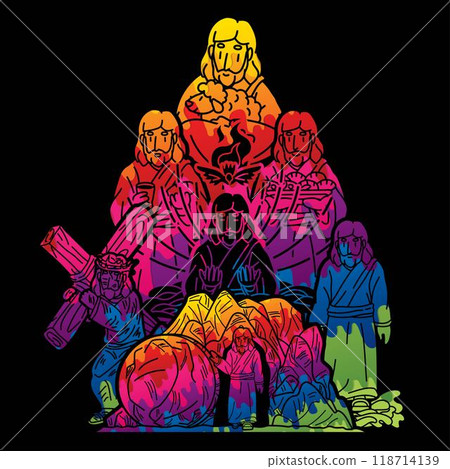 Jesus Christ Cartoon Miracles of Jesus in the Bible Mix Story Graphic Vector 118714139