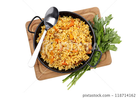 PNG, a plate of pilaf on a wooden board, isolated on a white background. 118714162