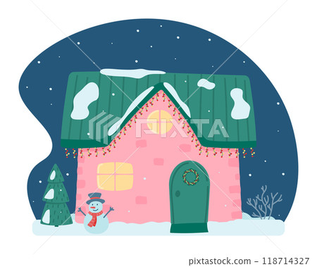 Cute Christmas and winter house. Decorated house on the background of the night sky, falling snow, fir trees and a snowman. Vector illustration in a flat style. 118714327