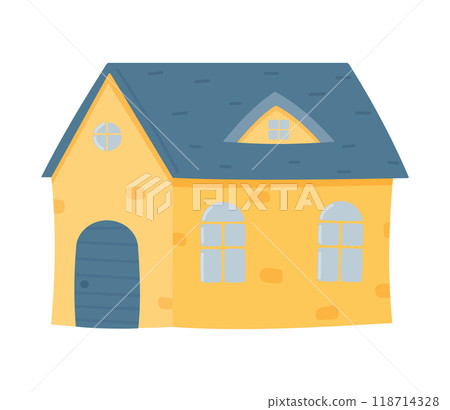 Yellow house with blue roof. Front view. Children's house is isolated on a white background. Vector illustration in a flat style. Yellow house with blue roof. Front view. Children's house is isolated on a white background. Vector illustration in a flat style. 118714328