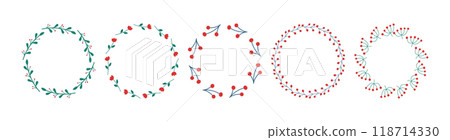 Set of wreaths on a white background. Set of round frames made of stylized twigs and flowers. Vector illustration in a flat style. Set of wreaths on a white background. Set of round frames made of stylized twigs and flowers. Vector illustration in a flat style. 118714330