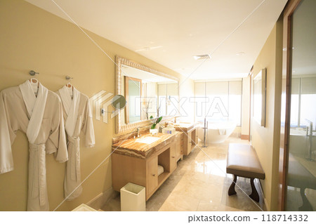 Luxury resort hotel suite bathroom (combined washbasin and bathroom) Luxury resort hotel suite bathroom (combined washbasin and bathroom) 118714332