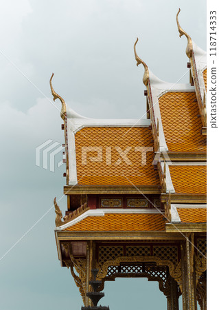 Golden temple roofs gleam against grey skies. 118714333