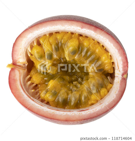 Red passion fruit with yellow pulp isolated on white background. 118714604