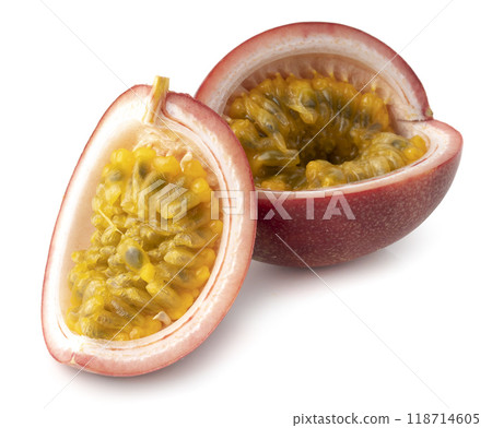 Red passion fruit with yellow pulp isolated on white background. Red passion fruit with yellow pulp isolated on white background. 118714605