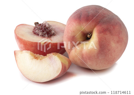 ripe peaches with vibrant pink and orange isolated on a white background 118714611