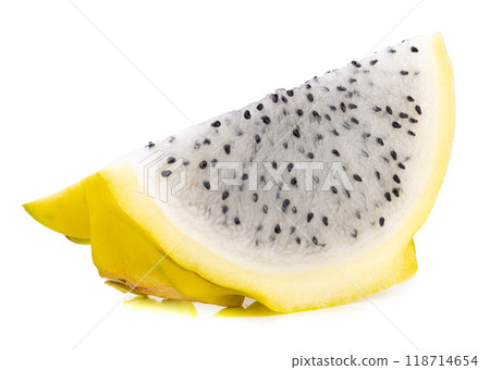 Fresh Yellow dragon fruit isolated on a white background Fresh Yellow dragon fruit isolated on a white background 118714654