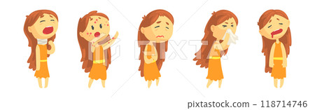 Little Girl Sick Feel Unwell Have Disease Symptom Vector Set Little Girl Sick Feel Unwell Have Disease Symptom Vector Set 118714746