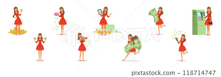 Happy Rich Woman Character with Money Cash Vector Set Happy Rich Woman Character with Money Cash Vector Set 118714747