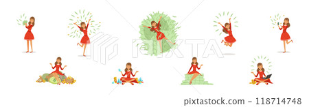 Happy Rich Woman Character with Money Cash Vector Set Happy Rich Woman Character with Money Cash Vector Set 118714748