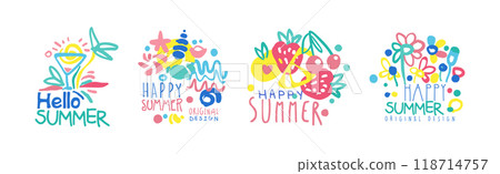Happy Summer Logo Original Design with Bright Element Vector Set 118714757