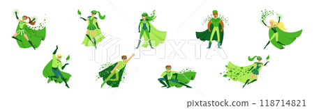 Eco Superhero Man and Woman Character in Green Cloak and Mask Vector Set 118714821