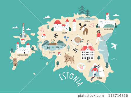 Detailed Hand-Drawn Map of Estonia with Landmarks and Cultural Symbols. Detailed Hand-Drawn Map of Estonia with Landmarks and Cultural Symbols. 118714856