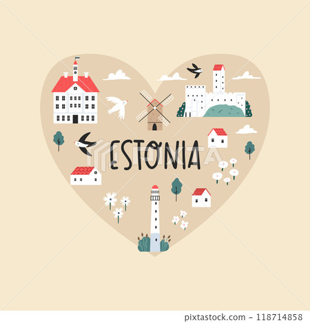 Decorative poster with hand drawn landmarks, symbols of Estonia 118714858