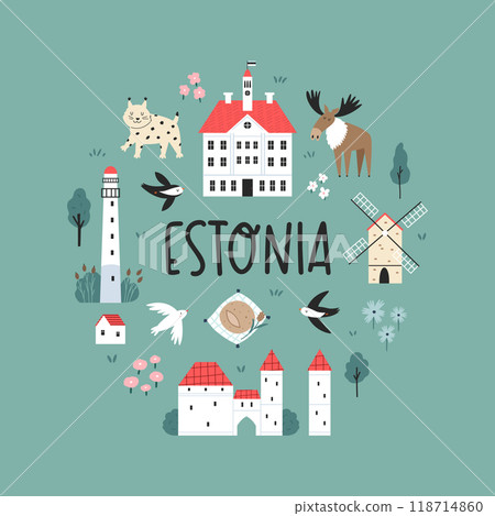 Decorative poster with hand drawn landmarks, symbols of Estonia Decorative poster with hand drawn landmarks, symbols of Estonia 118714860