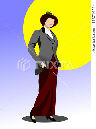Lady of the early twentieth century on abstract background.  3d color vector hand drawn illustration 118714964