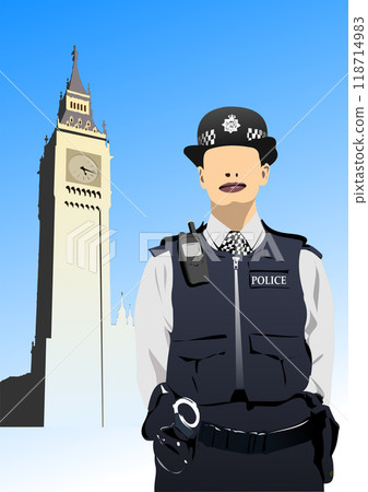 London Policewoman with walkie-talkie radio. Vector 3d hand drawn illustration 118714983