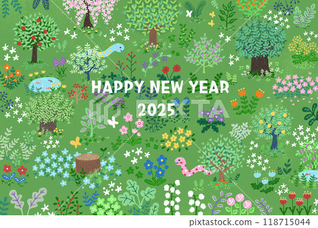 2025 Year of the Snake Cute New Year's card design Colorful forest and snake illustration 2025 Year of the Snake Cute New Year's card design Colorful forest and snake illustration 118715044
