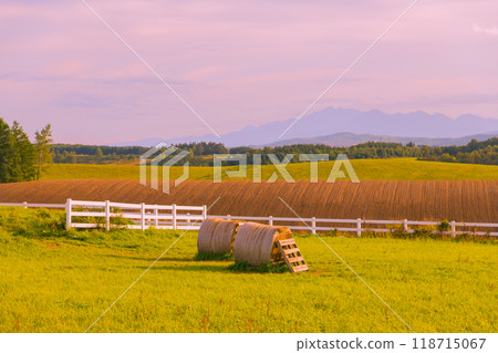 [美瑛町信榮山的秋日夕陽與草卷] 118715067