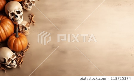 Skulls and Pumpkins on Rustic Wooden Background 118715374